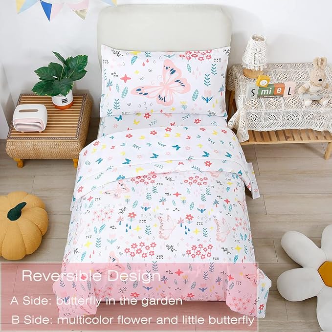 PERFEMET 5 Pieces Girls Bed in A Bag Full Size Reversible Pink Flowers Butterfly Comforter Set with Sheet Soft Lightweight Botanical Floral Bedding Set for Kids Teen(White, Full)