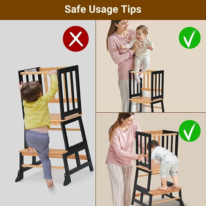 COSYLAND Kids Kitchen Step Stool Helper - Wooden Standing Tower for Kids with Anti-Tip Support Legs - Mothers' Helper Kids Learning Stool for Kitchen Counter (Black & Natural)