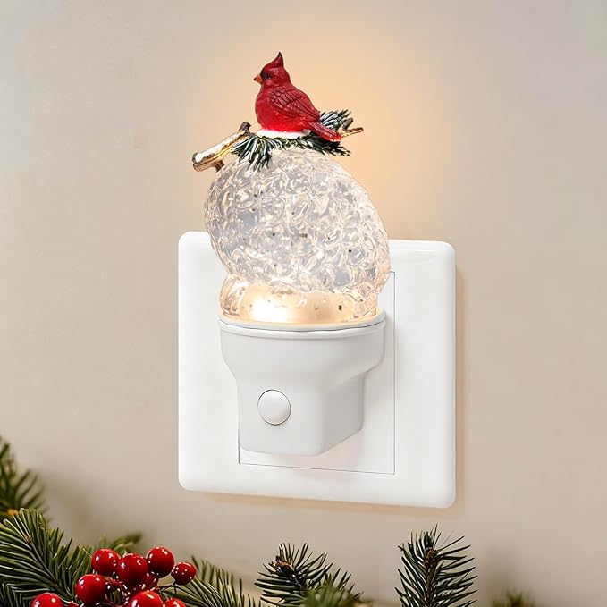 Christmas Night Light Plug into Wall Glitter Water Nightlight with USB/Outlet Options, Christmas Cardinal and Pinecone Decorative Nightlight for Bedroom Holiday Decorations (Cardinal and Pinecone)