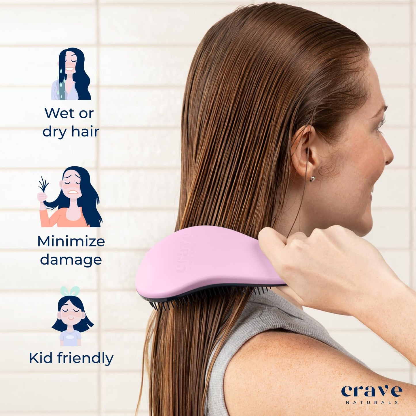 Crave Naturals Biggie Glide Thru Hair Brush - Detangler Brush for Curly, Straight, Wet or Dry Hair - Gentle Detangling Brushes for Adults, Kids, Toddlers - Hair Accessories for Women, 8.4"x3.4" - Pink