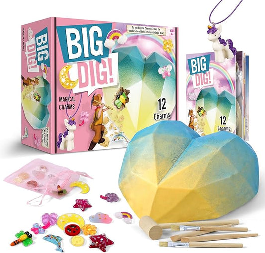 Eggbox Big Dig Magical Charms Excavation Kit (22 * 22 * 8CM) - 12 Enchanted Bracelet Charms Dig Set with Tools, Archaeology Craft Kit for Girls 8-12