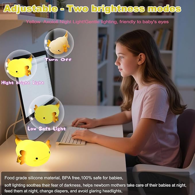 HAPPYBAG Axolotl Night Light,Cute Axolotl lamp Gifts for Kids,Dimmable Silicone Animal Nursery Night Light,Kawaii Rechargeable Bedside Touch Lamp,Baby Room Decor Axolotl Light