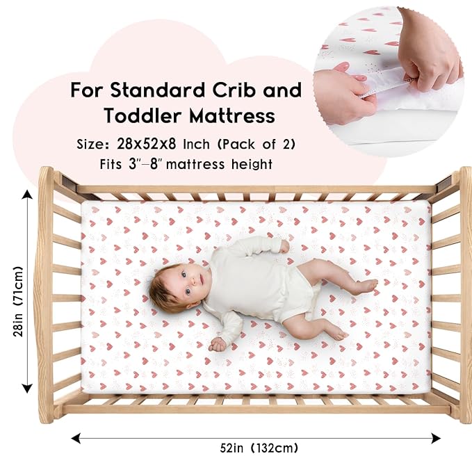 Yoofoss Baby Crib Sheets for Boys Girls, Fitted Crib Sheet 2 Pack for Standard Crib and Toddler Mattress, Super Soft Microfiber Baby Sheet 28x52x8in Pink+Love