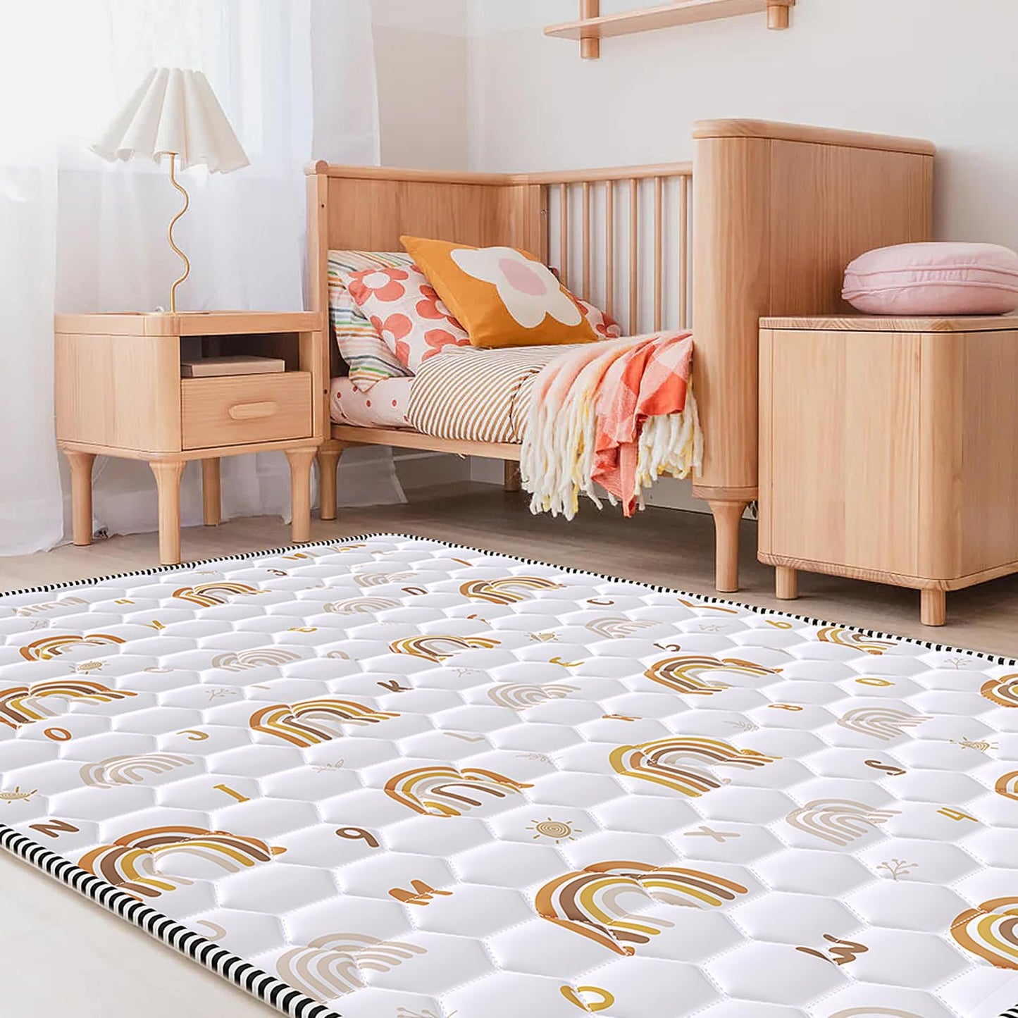 Boho Rainbow Baby Play Mat 50" X 50" Playpen Mat Thicken One-Piece Baby Crawling Mat Non-Slip Cushioned Baby Floor Mat Activity Playmats for Infants, Babies, Toddlers (50X50, Letters+Number)