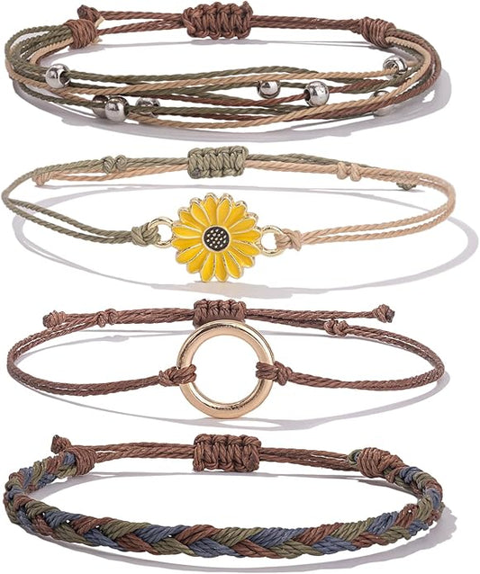FANCY SHINY Sunflower String Bracelet Boho Braided Rope Wrap Bracelets Cute Summer Beach Surfer Jewelry for Women Christmas Gifts