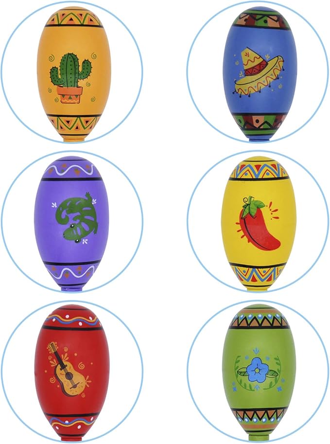 JOYIN 12 Mini Wooden Fiesta Maracas 6 Designs Noisemaker for Mexican Fiesta, Cinco De Mayo Party Favors, Musical Fun, Birthday Parties, Luau Party, Carnivals, Taco Tuesday Event