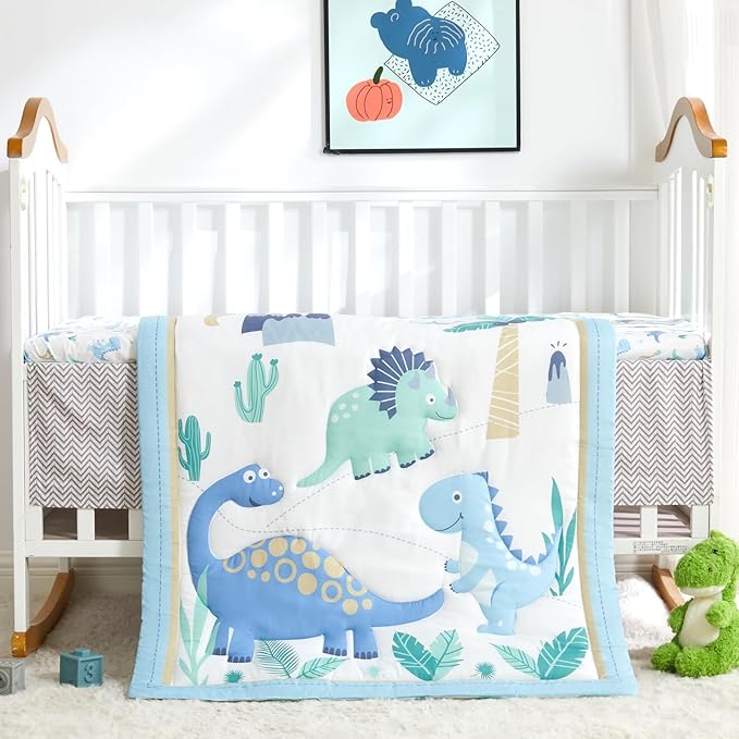 Wowelife Dinosaur Crib Bedding Set for Boys Light Blue, Premium 3-Piece Baby Bedding Set, Nursery Crib Set, Newborn, Infant & Toddler Nursery Bed Set, Light Blue Dinosaur