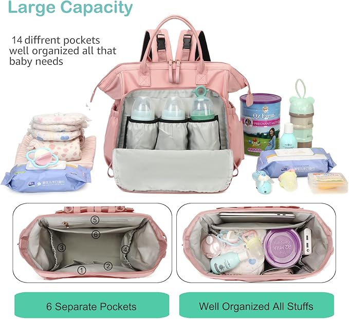 Convertible Diaper Bag Tote, Wide Open Top 14 Pockets Stylish Baby Diaper Bag with Stroller Buckle, Water-resistant (Pink, Large)
