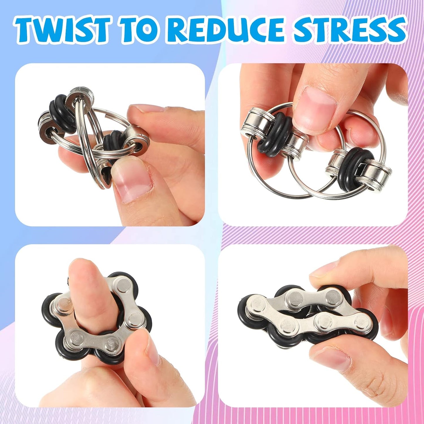 CHENGU 16 Pcs Fidget Toys Set Include 8 Six Roller Chain and 8 Key Flippy Chain Stress Reducer Bike Chain Toys Anxiety Relief Bike Chain for Teens Adults ADHD, Add, Autism (Black)