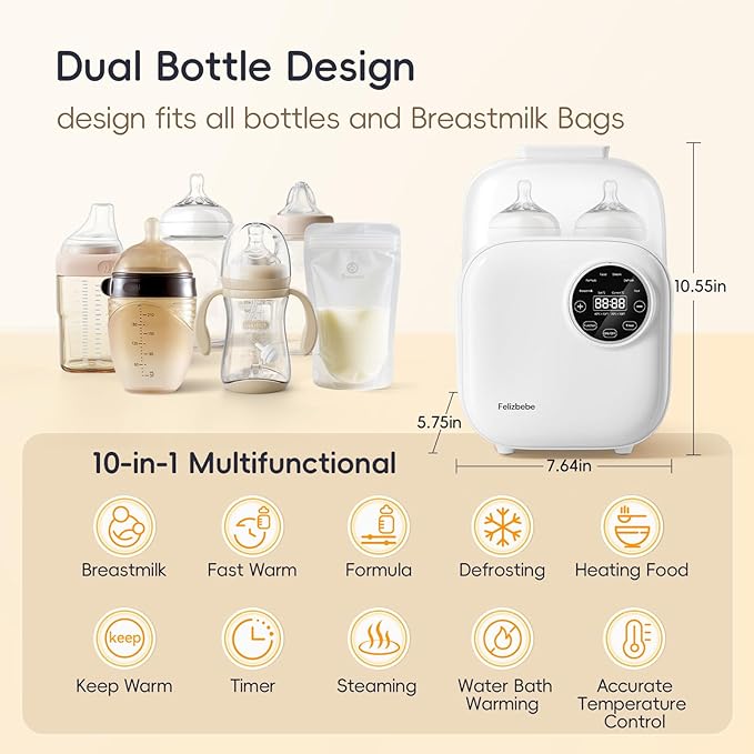 Baby Bottle Warmer, Felizbebe 10-in-1 Double Bottle Warmer for Breastmilk or Formula, Accurate Temperature Control, Timer, Sterili-zing, Defrost, Heat Food, Keep Warm, Breast Milk Warmer for Baby