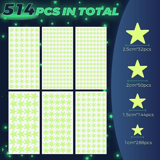 Glow in The Dark Stars Stickers for Ceiling, 514Pcs 3D Room Wall Decor Ceiling Stars Glow in The Dark Star Stickers Wall Decals for Kids Bedding Room or Party Birthday Gift