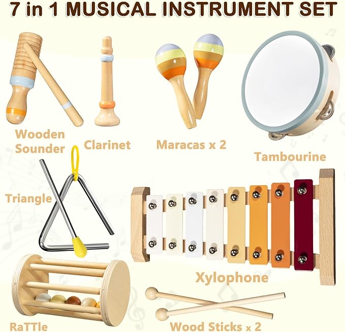 Baby Musical Instruments Set - Montessori Wooden Toys for Toddlers 1-3, Neutral Colors Drum Percussion Instruments Set with Modern Boho Xylophone, Preschool Educational Tool for Kids Age 3+