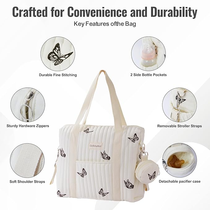 Large Diaper Bag Tote, Maternity Travel diaper tote, Multifunction baby bag, Baby Nappy Bags, Messenger bag (Medium - Beige Butterflies)