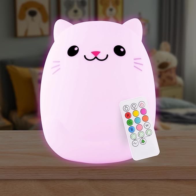 Lumipets Clive The Cat Squishy Silicone Night Light for Kids | Cute Night Light with Remote & Touch Control for Baby & Toddler Bedrooms | Color Changing Portable Animal Nightlight | Kids Mood Lamp