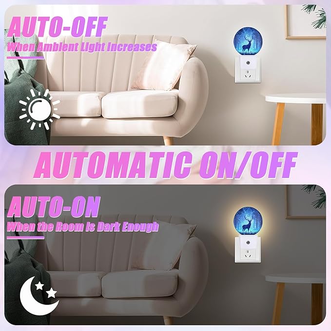 Deer Pine Tree Night Light Foggy Forest Night Lights LED Lamp Round Plug into Wall Nightlight with Dusk to Dawn Sensor Home Hallway Stairway Kitchen Decor