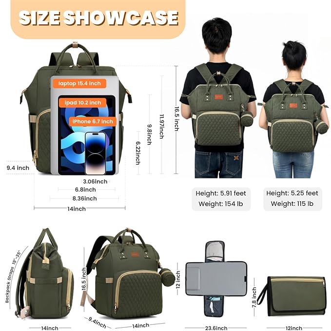 Diaper Bag Backpack with Changing Pad, Pacifier Case, Baby Bag for Boy Girl Toddler - Large, Stylish, Waterproof Travel Quilted Diaper Bag for Mom - Baby Shower - Army Green