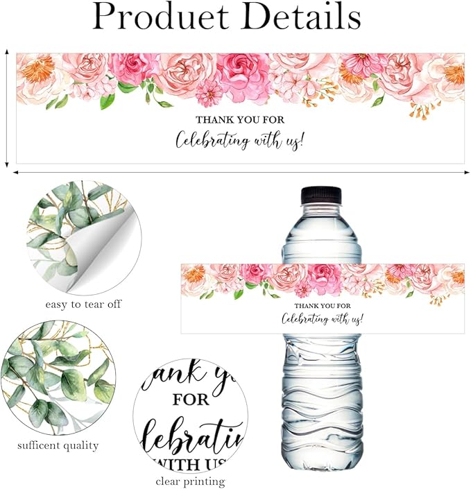 100PCS Wedding Water Bottle Labels Waterproof Greenery Floral Wraps Sticker for Water Bottle Baby Shower Bottle Label for Bridal Shower Party Thanks A11