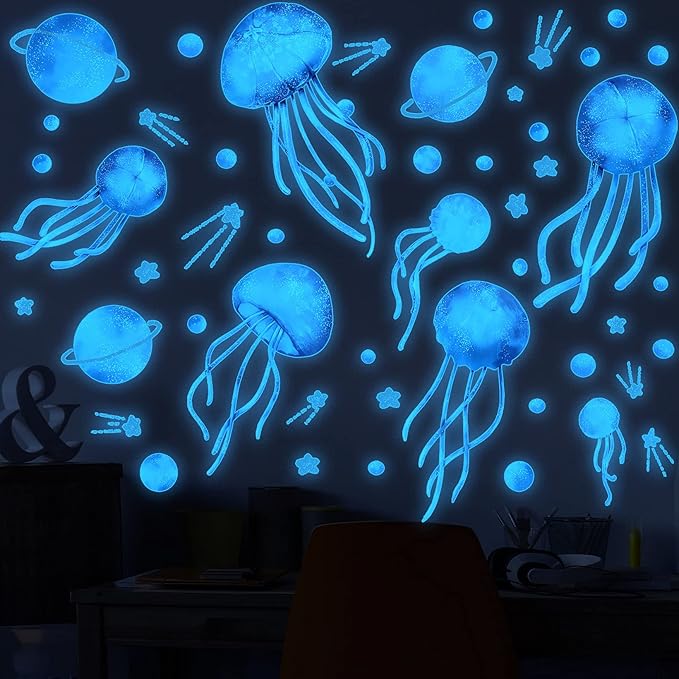 4 Sheets Starry Sky Jellyfish Wall Sticker Glow in The Dark Wall Stickers Planet Blue Luminous Wall Decals DIY Peel Stick Art Decor for Walls Ceiling Kids Bedroom Living Room Nursery Girls and Boys (Blue)