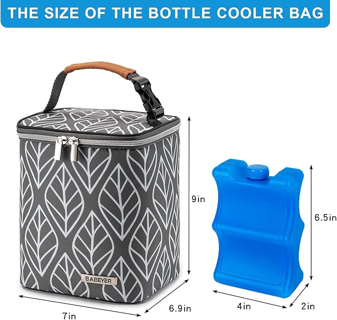 Breast Milk Cooler Bag with Ice Pack Fits 4 Baby Bottles Up to 9 Ounce, Baby Bottle Bag for Nursing Mom Daycare-Grey