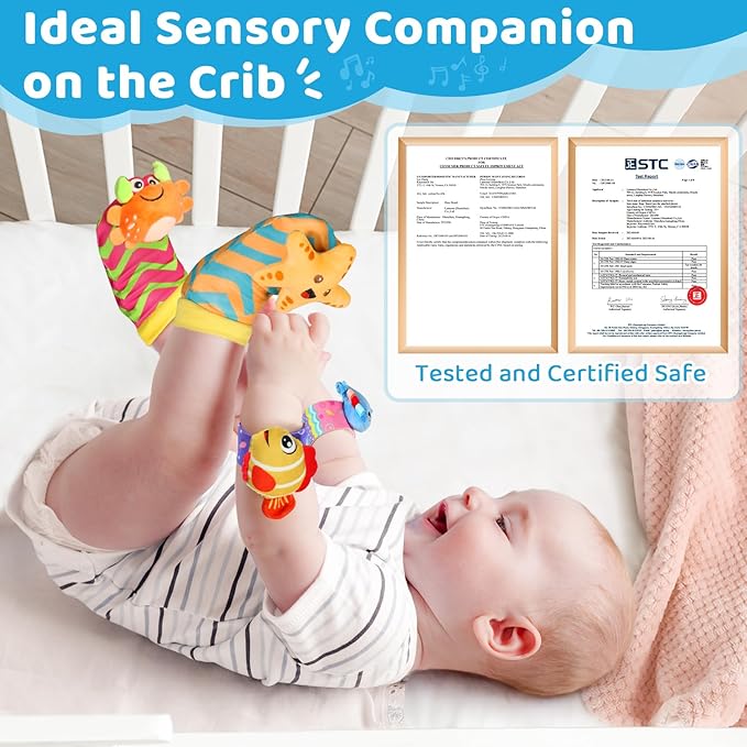 URMYWO Wrist Rattles for Baby - Rattle Socks - Foot Finder Set - Baby Toys for 0-12 Months Infant - Newborn Essentials - Early Learning Sensery Toys for Boys and Girls as Shower Gifts