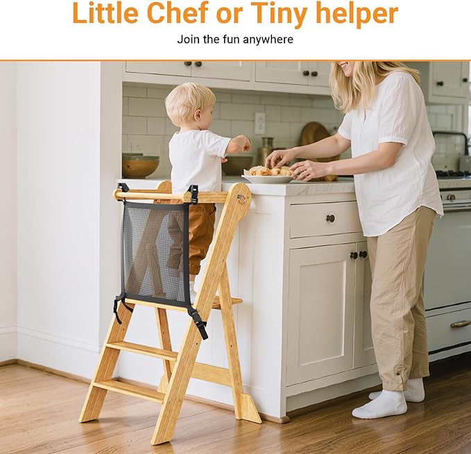 COSYLAND Foldable Toddler Kitchen Stool Helper - Height Adjustable Standing Tower for Bathroom Sink or Kitchen Counter - Step Stool for Toddlers Ages 18 Months to 6 Years Natural