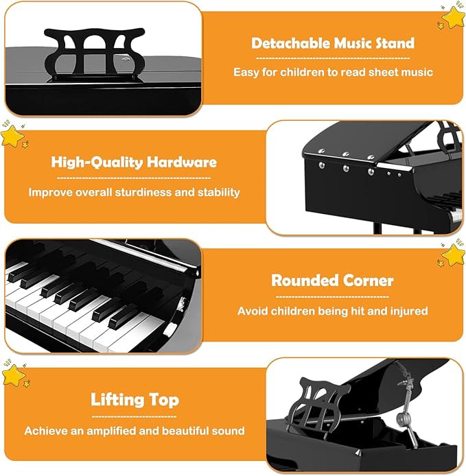 HONEY JOY Classical Kids Piano, 30-Key Mini Grand Piano with Music Stand and Bench, Wooden Musical Instrument Toy w/Lid & Music Rack, Gift for Boys Girls Ages 3+ (3 Straight Leg-Black)