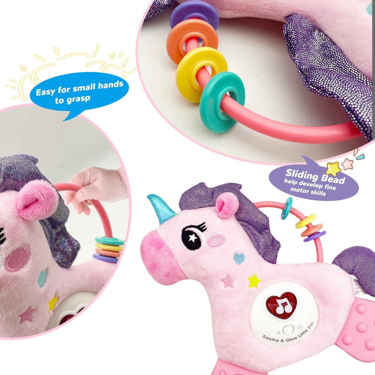 Baby Musical Activity Soft Toys with Sound & Light, Sensory Toys for Infant Developmental with Teether, Rattle and Textures, Soft Plush Toy for Newborn Gift 6 to 12 Months (Pink Unicorn)