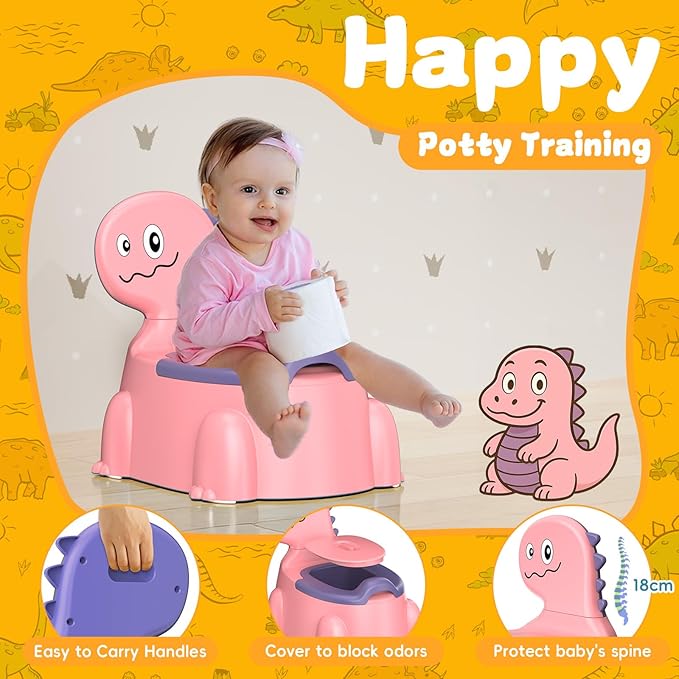 Potty Training Toilet Toddler Potty Chair Kids Boys Girls Dinosaur Animal Comfortable Potties Training Seat for Childrens Ages 1-3 Portable Baby Toilets with Lid Back Easy to Clean Potty Trainer, Pink