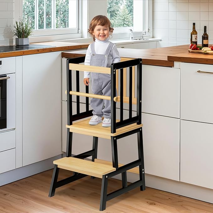COSYLAND Toddler Kitchen Stool Helper – Stable A-Frame Design Kids Kitchen Step Stool with Protective Crossbar – Wooden Toddler Standing Tower for Learning in Bathroom (Black & Natural)
