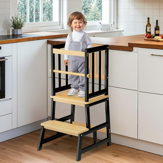 COSYLAND Toddler Kitchen Stool Helper – Stable A-Frame Design Kids Kitchen Step Stool with Protective Crossbar – Wooden Toddler Standing Tower for Learning in Bathroom (Black & Natural)