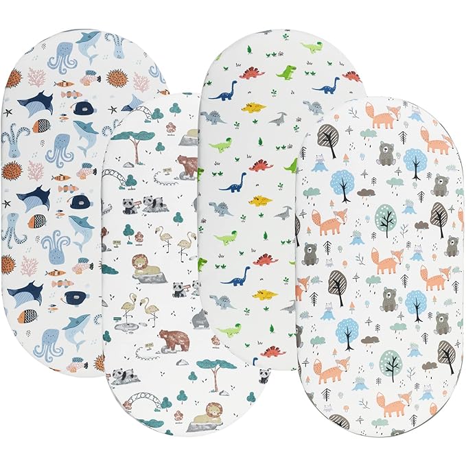 Onacosht Bassinet Sheets for Baby Boy and Girl, Stretchy Fitted Sheet Universal for Bassinet Cradle Hourglass Oval Rectangle Pad/Mattress, 4 Pack Undersea Fish, Animal and Dinosaur Printing