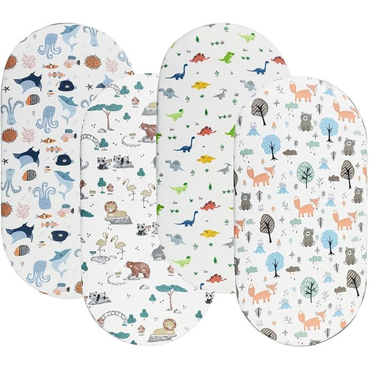 Onacosht Bassinet Sheets for Baby Boy and Girl, Stretchy Fitted Sheet Universal for Bassinet Cradle Hourglass Oval Rectangle Pad/Mattress, 4 Pack Undersea Fish, Animal and Dinosaur Printing