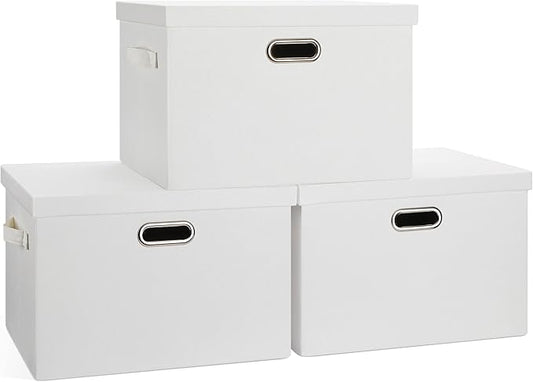 Large 17" 36 Quart Collapsible Stackable Storage Bins with Lids, 3 Packs White Linen Fabric Closet Boxes with Lids, Storage Cube Baskets Container Organizers for Bedroom Office(17 x12 x11)