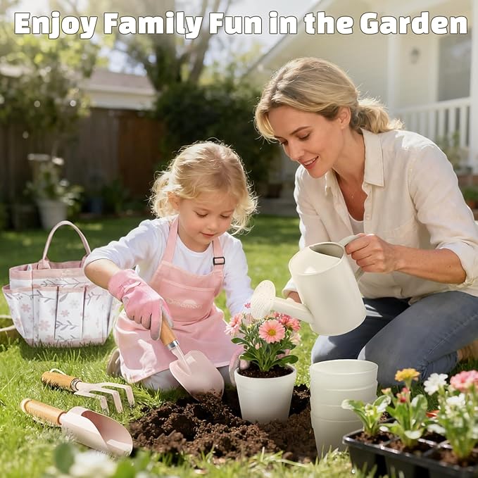Dreamon Gardening Set Toys for Kids, Quality Garden Tool Kit Includes Tote Bag, Apron, Gloves, Shovel, Rake, Cultivator, Watering Can, STEM Learning Outdoor Gifts for Kids Toddlers (Pink)