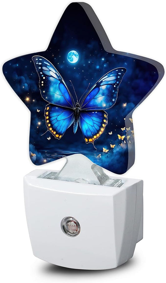 Blue Butterfly Moon Dusk to Dawn Star Night Light,Starry Sky Smart Sensor Nightlight for Bedroom Kitchen Hallway Stairs,Plug-in Energy Efficient Decor Desk Lamp Women Men Gifts