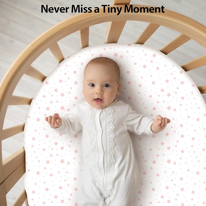 Baby Bassinet Sheets Girl Boy, Fitted Bassinet Sheet Set 3 Pack Bassinet Mattress Sheets Universal Fit for Rectangle, Round, Oval, Hourglass Mattress, Soft Breathable Pink White Moon
