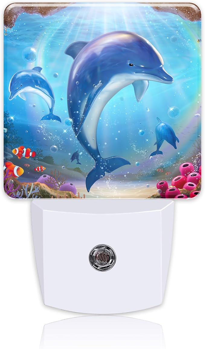 Night Light for Kids Girls Boys, Cute Dolphins in Tropical Sea LED Night Light Plug into Wall with Dusk to Dawn Sensor for Room Decor, Hallway, Kitchen, Bathroom, Nursery, Stairs