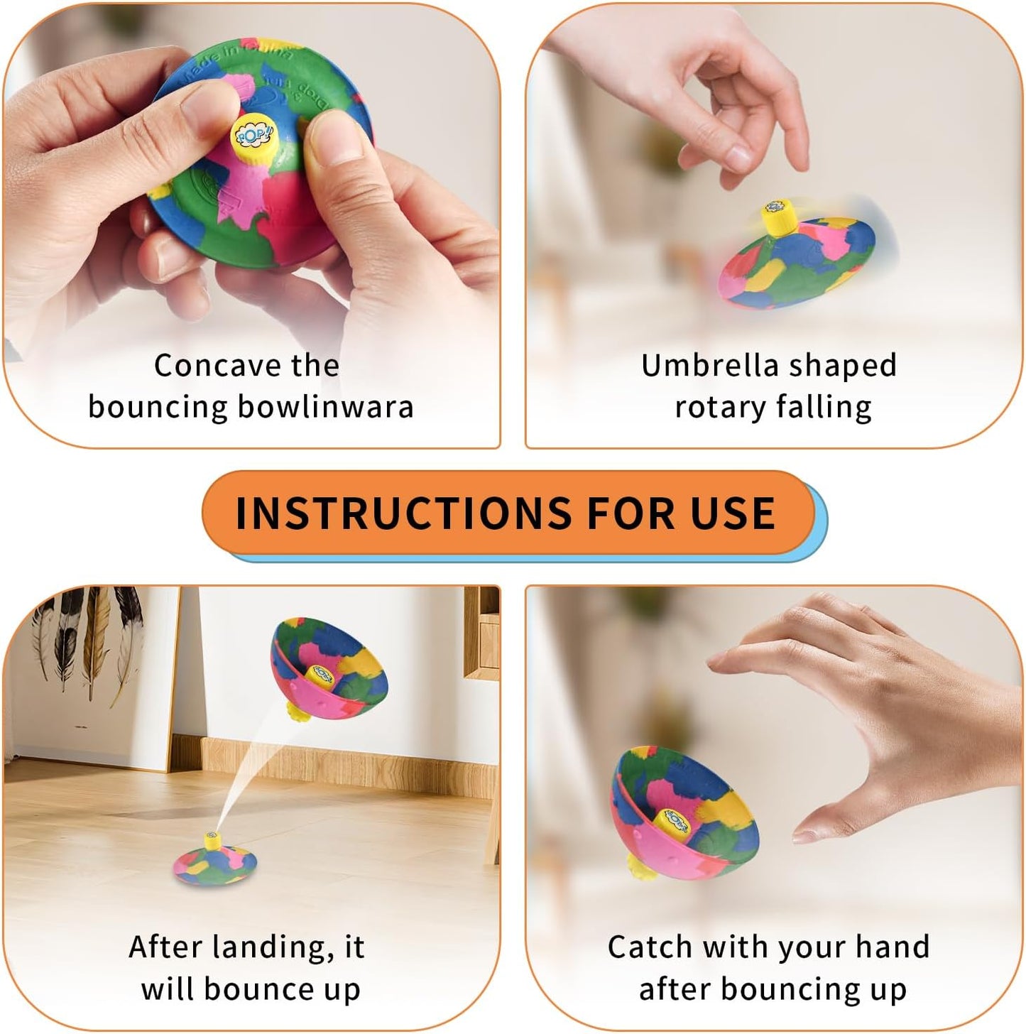 4in1 Bounce Bowls Ball Fidget Toy for Kids & Adults Spinning Stress Relief, Pop Up Toy Outdoor Game Sports Fingertip Toy for School, Birthday Party Favors, Goodie Bag Fillers for Boys and Girls