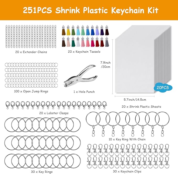 Csyidio 251 PCS Shrink Dink Keychain Kit Includes 20 Sheets Shrink Plastic Sheets, Hole Punch, Tassels, Lobster Clasps, Keychain Clip, Jump Rings, Key Ring, Great for DIY Mother's Day Crafts