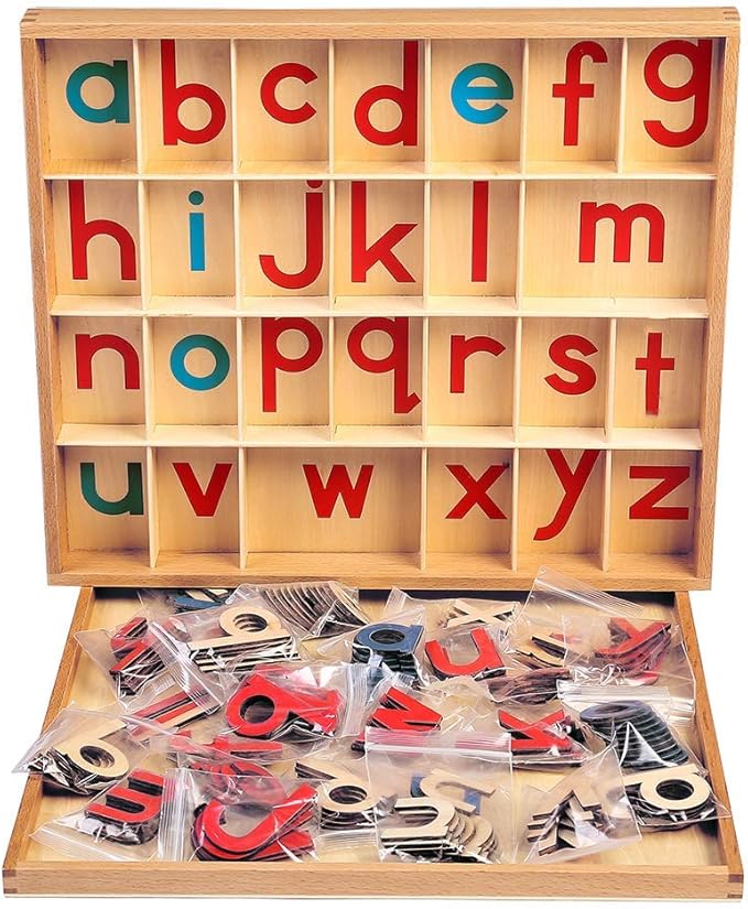 JE JOUE Montessori Letter Work Learning Materials Wooden Small moveable Alphabet Language Objects with Box (Red & Blue)