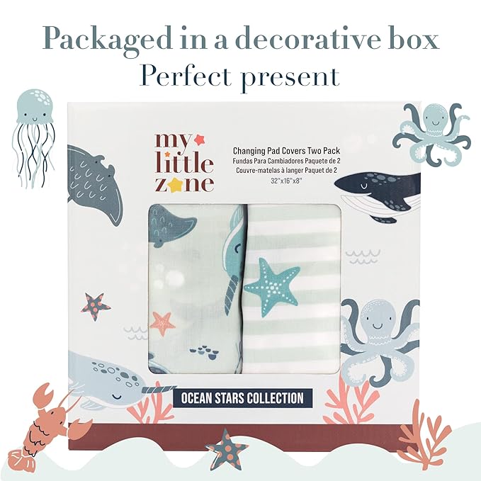 100% Cotton Changing Pad Cover for Baby Boys and Girls, Nautical - Breathable Bassinet, Mini Crib Mattress Fitted Sheets - Ocean Stars, 32"x16" with 8" Deep Pocket, Teal-White, 2 Pack