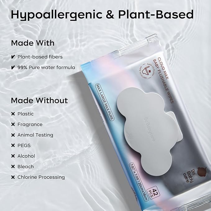 Bc Babycare Flushable Wipes, Hypoallergenic for Sensitive Skin, 99% Water, Plant-Based Fibers, Sewer + Septic Safe, Fragrance Free Toddler Potty Training, 336 Wipes, 8 Pack