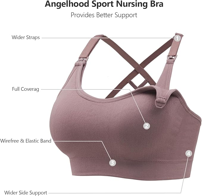 Angelhood Nursing Bras for Breastfeeding, Seamless Nursing Sports Bra Medium Impact Support Maternity Bras for Pregnancy