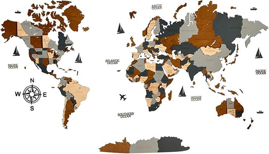 Wooden World Map 3D Art Large Wall Decor - Size (M, L, XL) Any Occasion Gift Idea - Wall Art For Home, Kitchen or Office (XL, SKY)