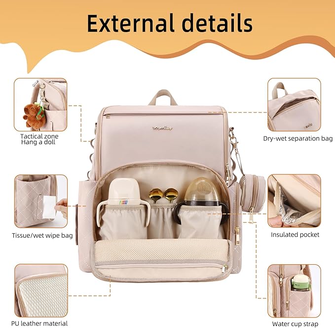 Stylish Baby Diaper Bag, Baby Bag with Changing Pad, Pacifier Case& Stroller Straps, Large Diaper Backpack Boy Girl, Water Resistant Travel Diaper Backpack for Mom Dad