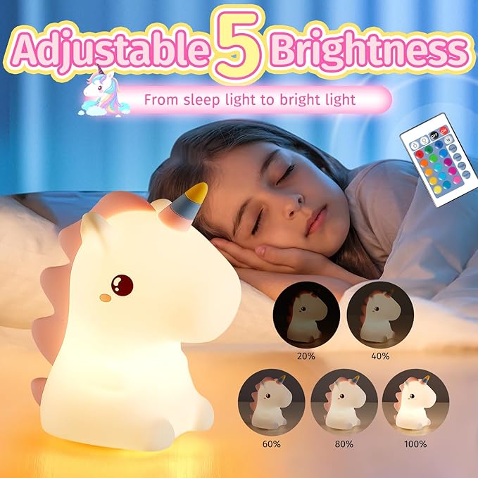Mubarek Unicorn Night Light for Kids,【Remote&16 Colors】 Toddler Night Light,5 Brightness Nightlight for Kids Room,Cute Lamp Unicorn Lamp,Kawaii Room Decor,Gifts for Girls