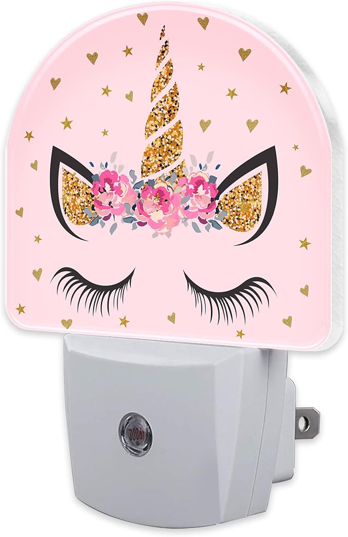 Glitter Unicorn with Flowers Night Light for Kids,Beautiful Unicorn Eyelash Night Light Plug in with Dusk to Dawn Sensor,0.5w Energy Saving Nightlight for Hallway Stairway Kitchen Bedroom