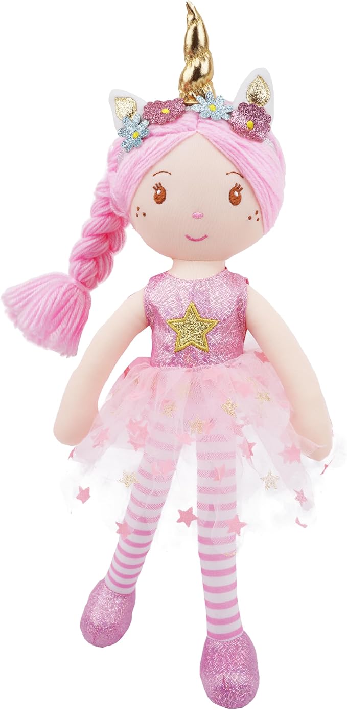 June Garden 16" Unicorn Doll Anya - Pink Hair Plush Rag Doll for Toddler Girls - Soft Companion Gift for 2+ Years - Pink Dress