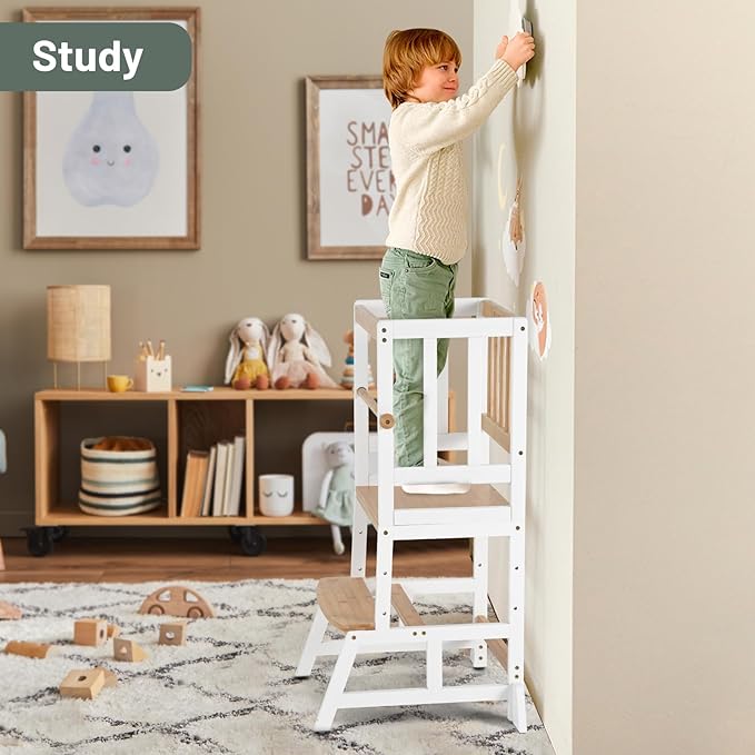 COSYLAND Toddler Standing Tower - Adjustable Height Toddler Kitchen Stool Helper - Kids Kitchen Step Stool for Learning with Removable Safety Railing White & Natural