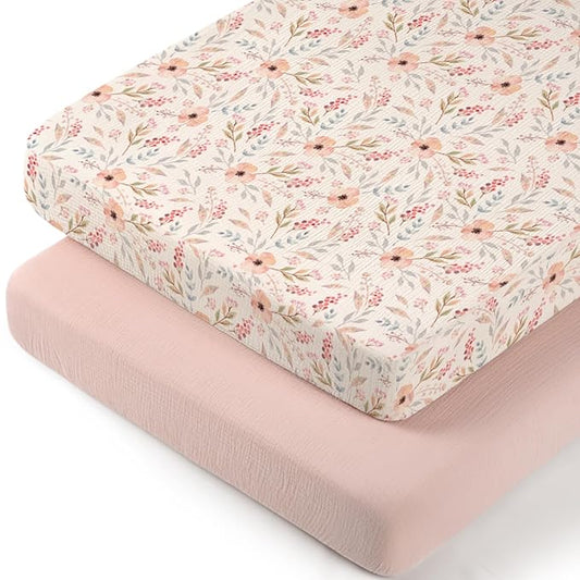 lulumoon Muslin Bassinet Sheets for Girls: Skin-Friendly Floral Bedside Bassinet Sheets for Baby - Fitted for Bedside Sleeper Mattress